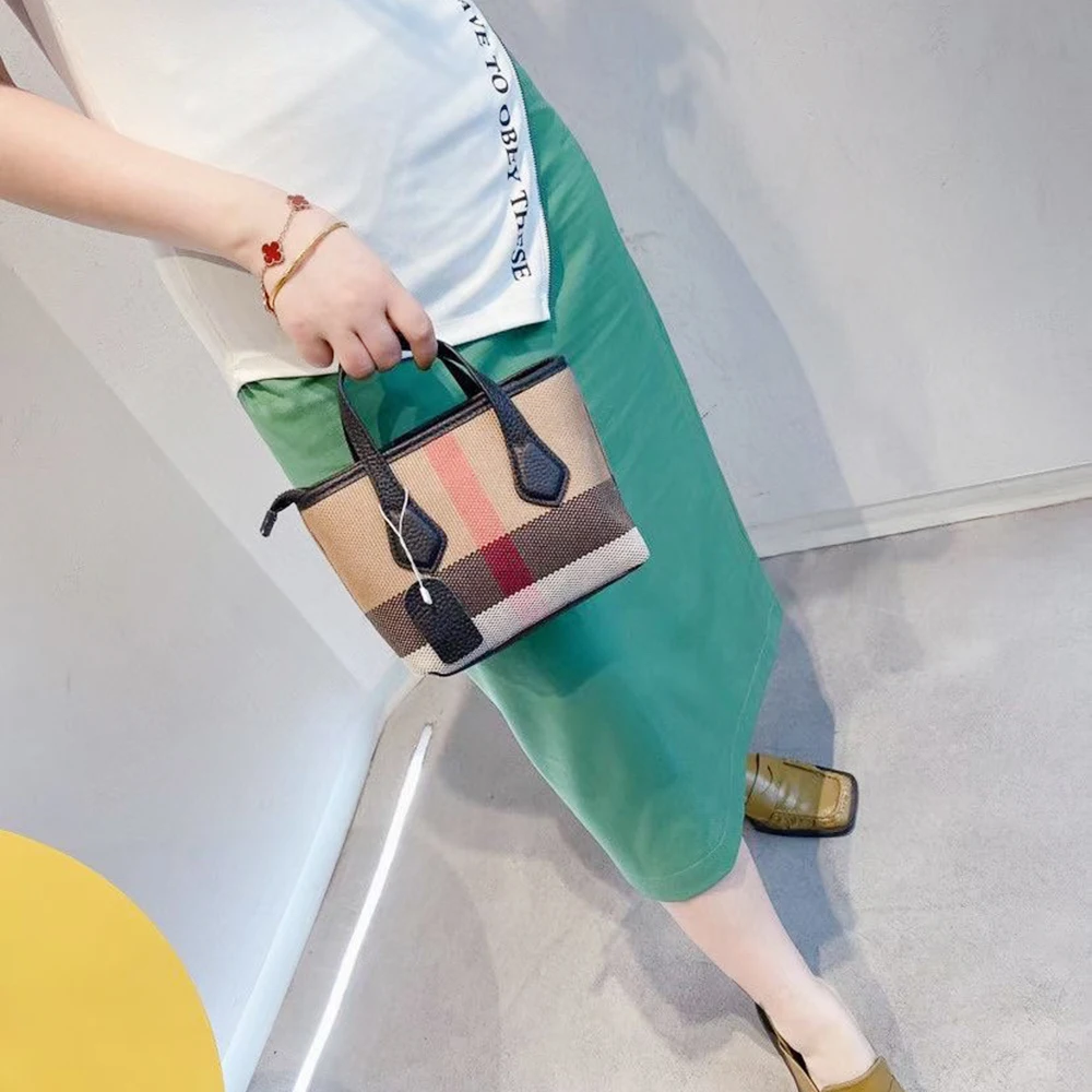 Retro Top Handle Women Bucket Bags Luxury High Quality Stripes Canvas Leather Female Tote Purse Handbag Small Lady Shoulder Bag