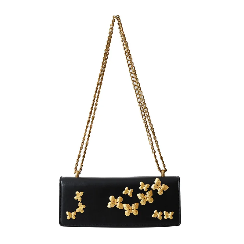 

Korean Fashion 3D Butterfly Women's Shoulder Bags Trendy Long Square Black Bags Sweet Golden Adjustable Chain Crossbody Bag