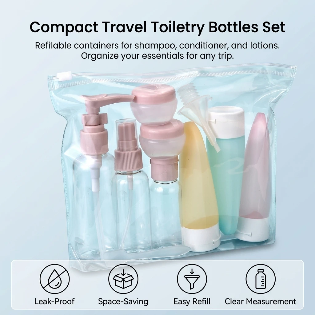 11pcs Travel Refillable Bottle Portable Silicone Empty Sub-bottling Tool Liquid Container Spray Lotion Shampoo Shower Perfume