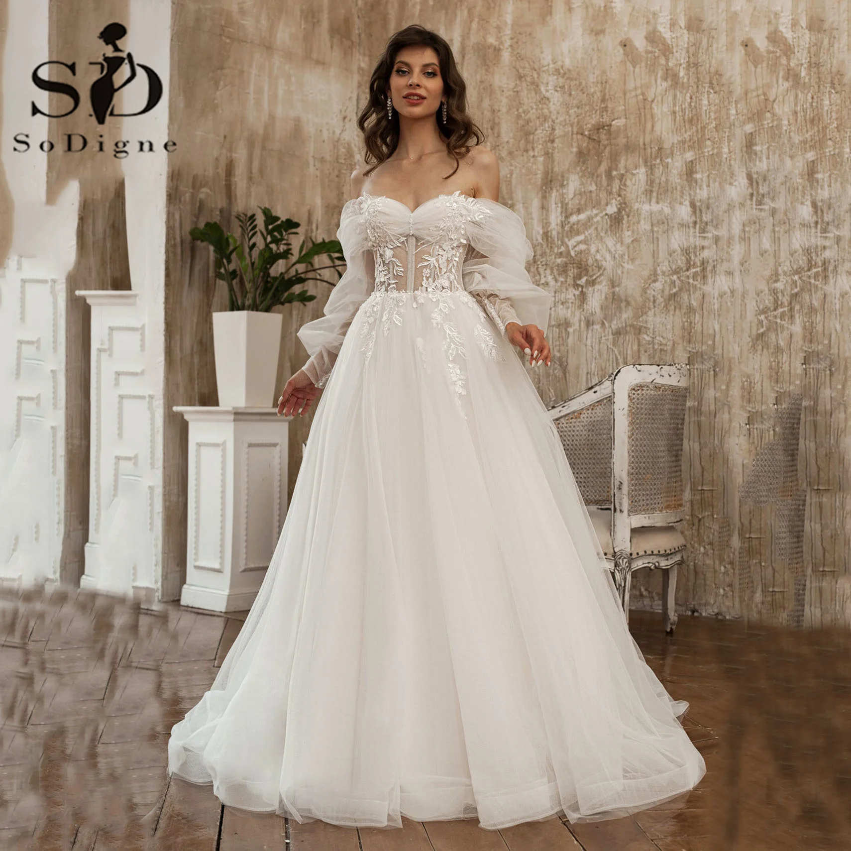 

SoDigne Boho Tulle A Line Wedding Dresses Off the Shoulder Lace Appliques Beach Bridal Gown Princess Wedding Gowns For Bride