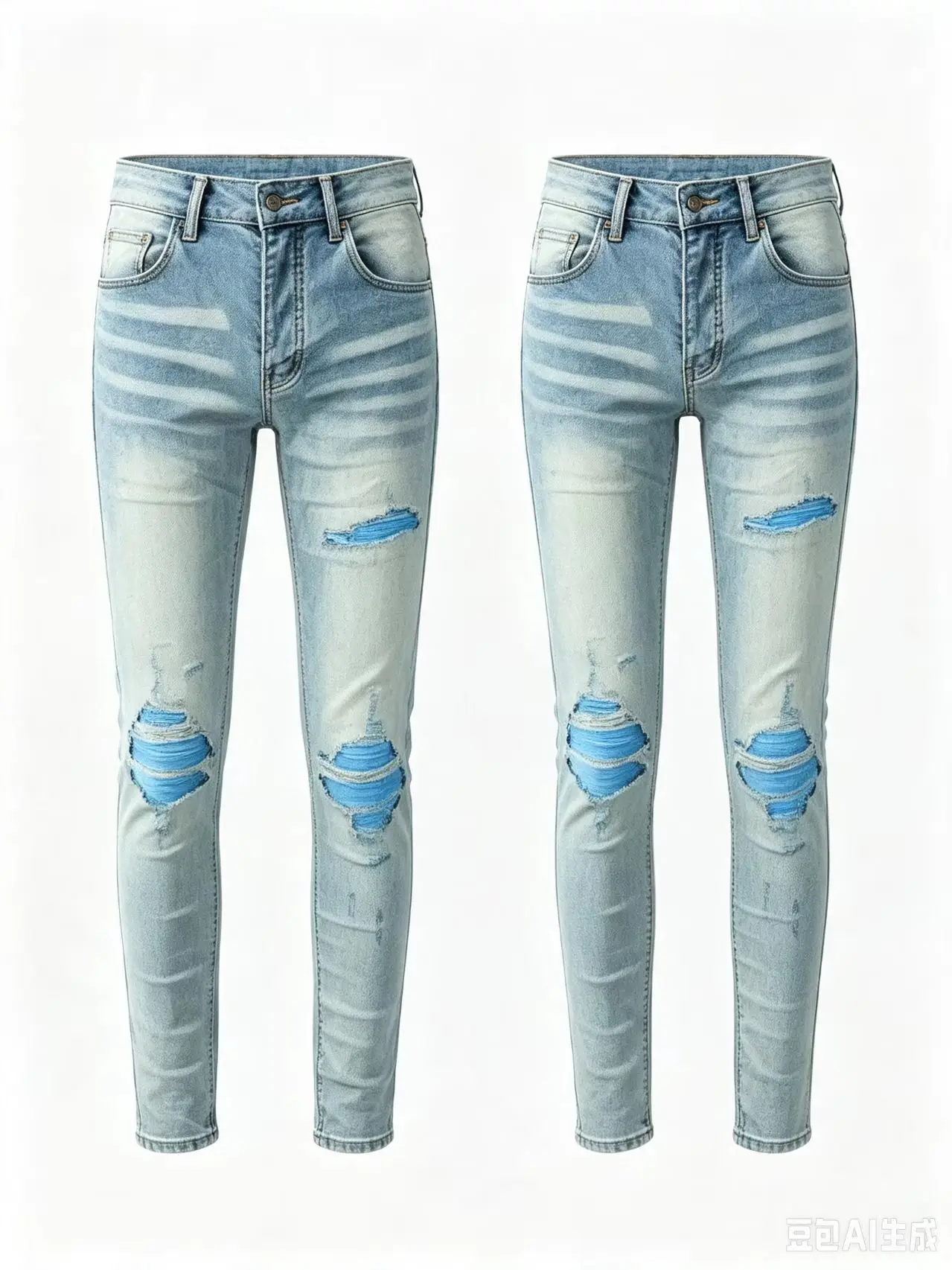 Fashionable new men's jeans, washed and worn, perforated patch, elastic slim fit, light blue jeans, high street hip-hop brand pa