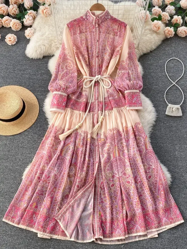 TRAF Autumn Holiday Pink Maxi Dress Women Clothing Turleneck Lantern Sleeve Flower Print Belted Chiffon Loose Vestidos