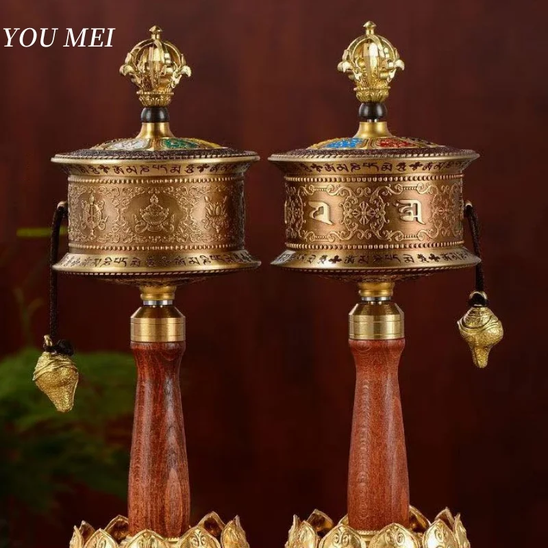 

Tibetan Handheld Prayer Wheel,Eight Auspicious Wood Hand-Cranked Bronze SixCharacter Mantra Wheel Altar Decorative,Buddhist Item