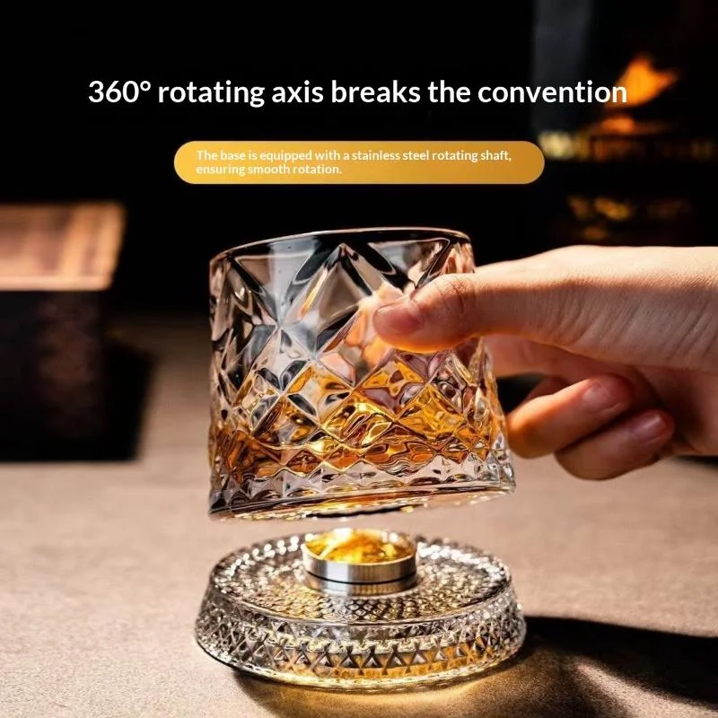 【SE】New Rotating Whisky Glasses with Glass Base 360 Rotate Degrees Crystal Rum Glass for Cocktail Party Drinking Men's Gift
