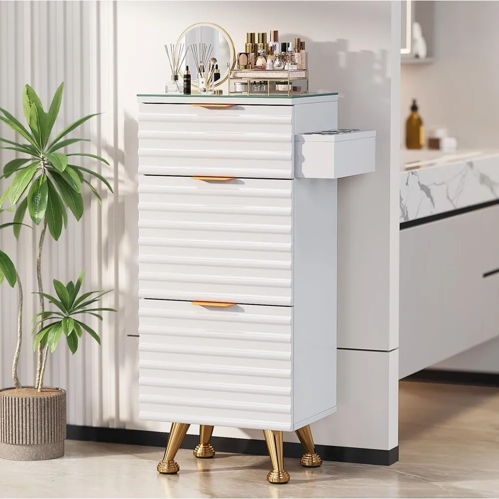 Professional Salon Station with Tempered Glass Top 3 Drawers Hair Stylist & Barber Storage Cabinet with Heat Resistant