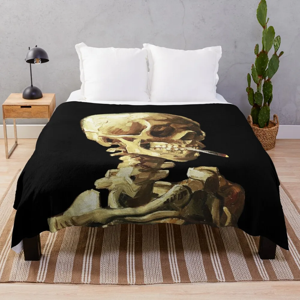 Vincent Van Gogh - Skull of a Skeleton with Burning Cigarette Throw Blanket Flannel Fabric Summer Sleeping Bag Blankets