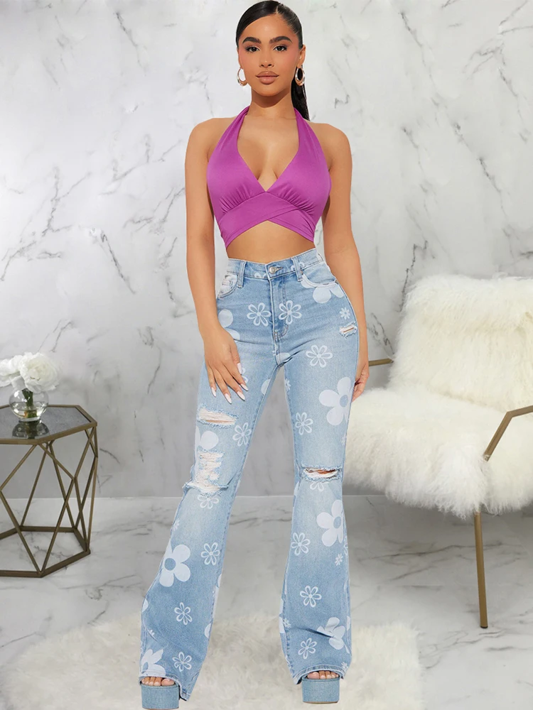 

Trends Streetwear Blue Jeans Floral printing Fashion Denim Y2k Vintage Clothes Women's Pants Straight Leg Jeans Woman High Waist