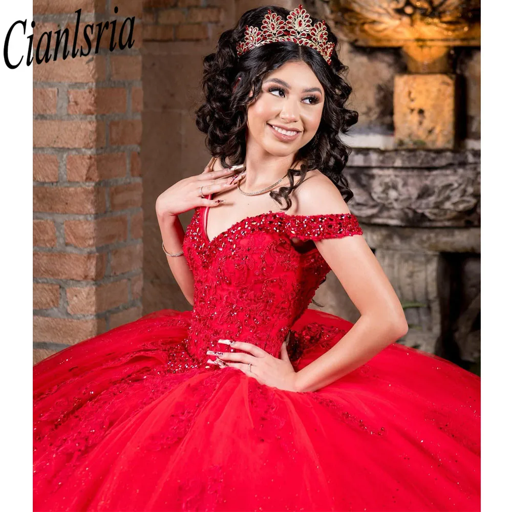 Vestido De baile De princesa con lentejuelas Rojas, quinceañera, hombros descubiertos, apliques De cristal 3dflower, vestidos De corsé De 15 Años