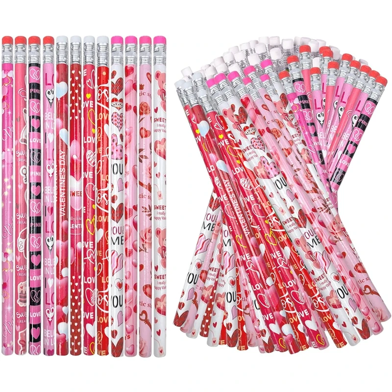 24/48/72 PCS Valentines Pencils Valentine's Day Pencils Bulk Holiday Pencils with Erasers Pencils for Valentine’s Day, 12 Style