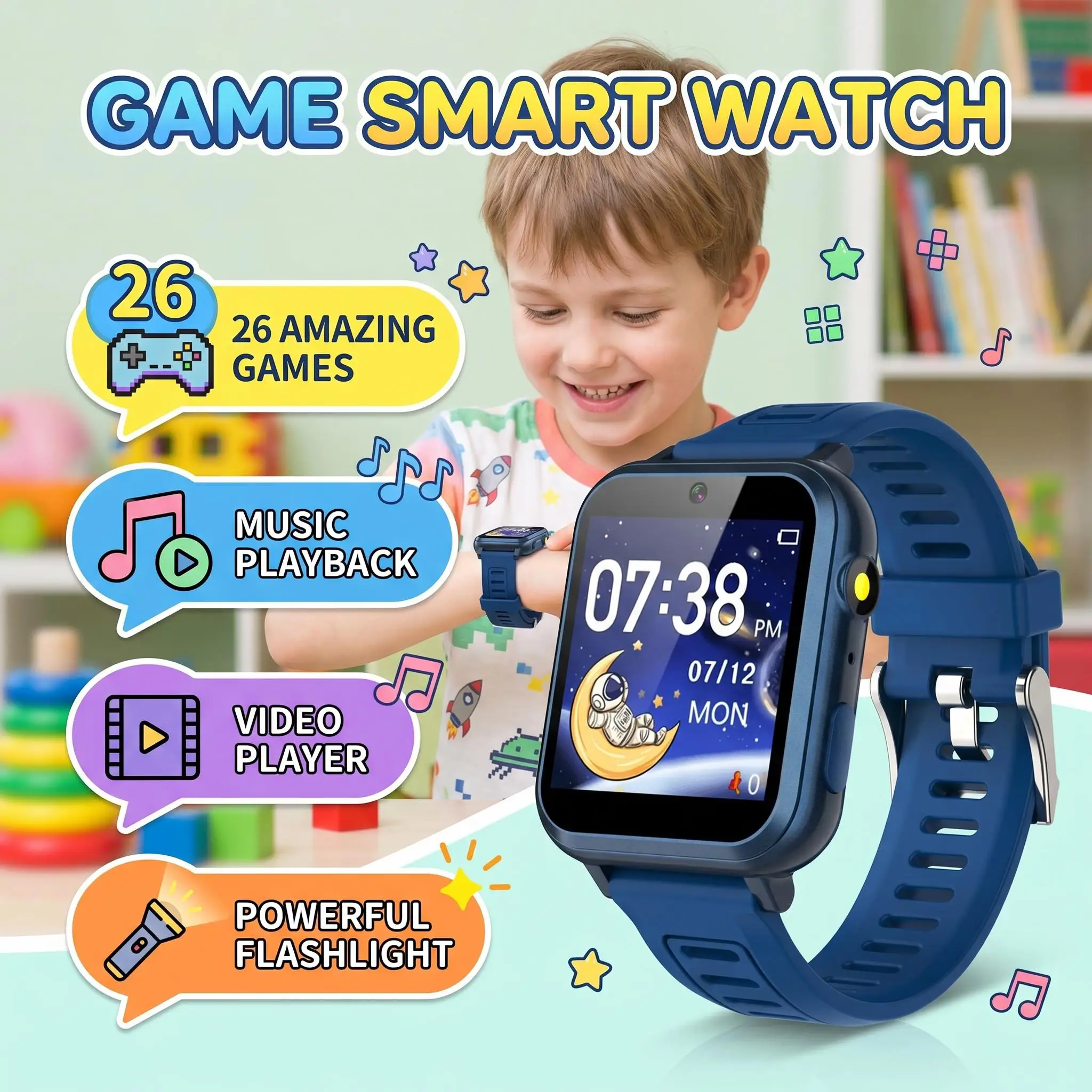 24 Games Kids Smart Watch Music Play Pedometer Tracker Time Display Video Audio Record Torch Children's Wristwatch Smartwatch