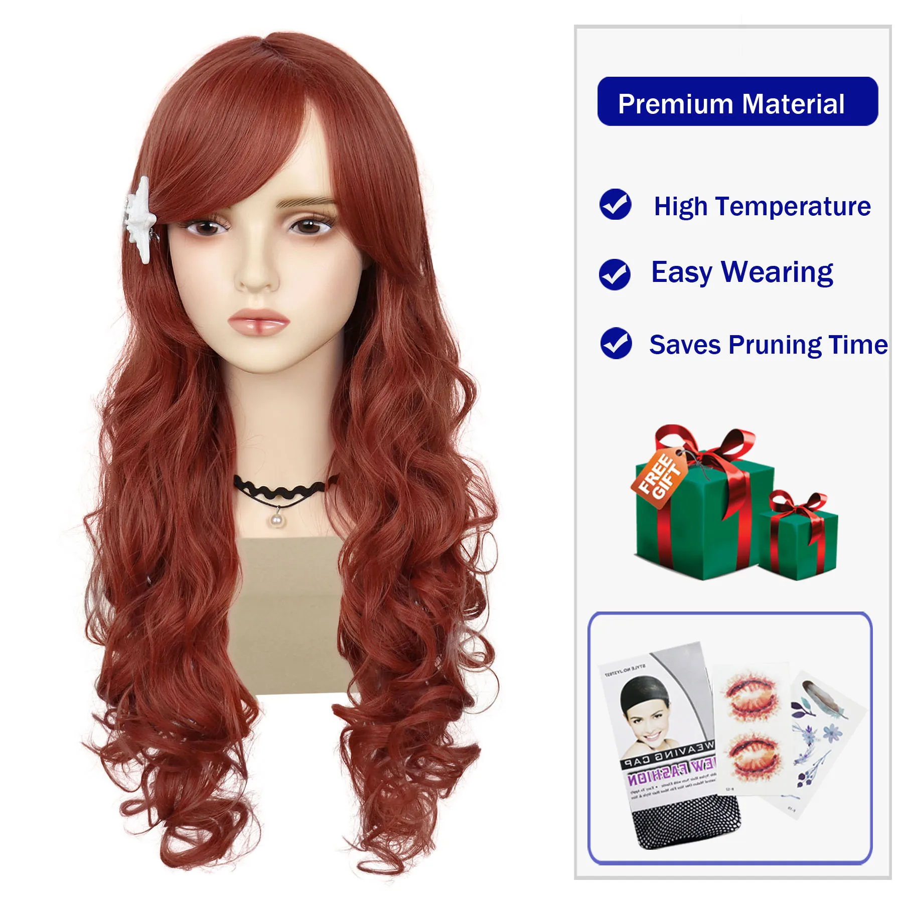 شعبية أوبورن الباروكات الاصطناعية طويلة متموجة شعر مستعار مجعد مع مشبك شعر نجم البحر للنساء الفتيات هالوين عيد الميلاد تأثيري استخدام الحفلات