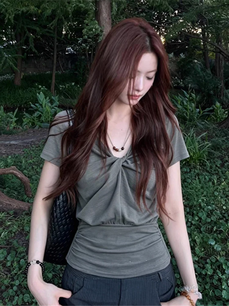 Korean Style V-Neck Short Sleeve Women's T-Shirt Slimming Waist Tie Summer Fashion Top Grey Sexy Girl City Walk Tee