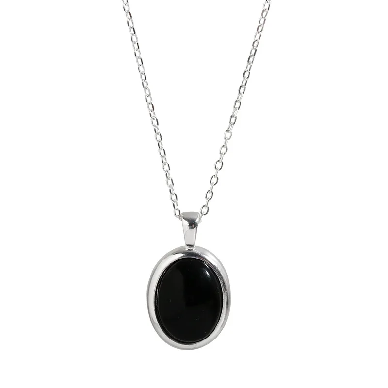 VOQ Silver Color Oval Black Onyx Necklace for Women Vintage Long Pendant Statement Necklaces Fashion Party Jewelry