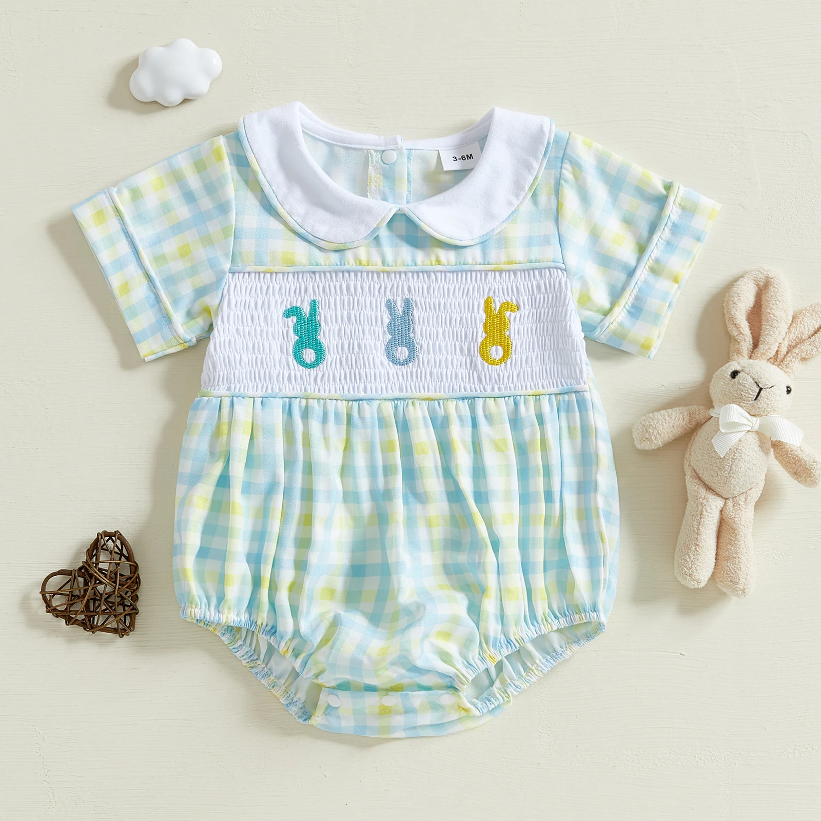 Baby Girl Easter Romper Short Sleeve Doll Collar Bunny Embroidery Smocked Bodysuit Newborn Outfit