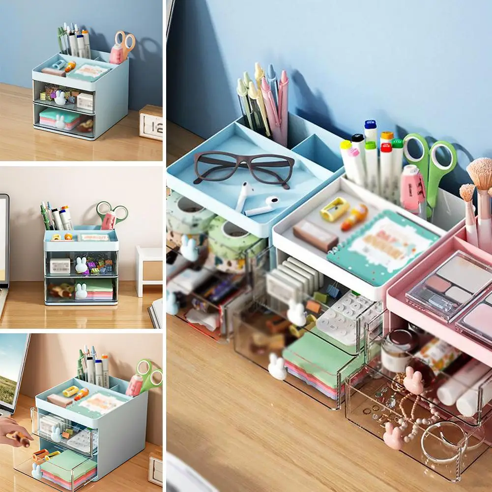 1PCS 2-laye Convenient Desk Organizer Portable Desktop Storage Box Visible Storage Drawer Mini Desktop Cute Storage Box