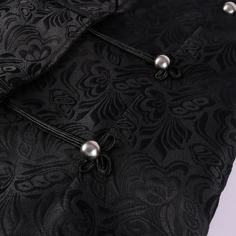 Chaleco negro gótico Steampunk para hombre, Chaqueta de punto Jacquard Medieval, vestido gótico Vintage, chaleco de doble botonadura, esmoquin sin mangas