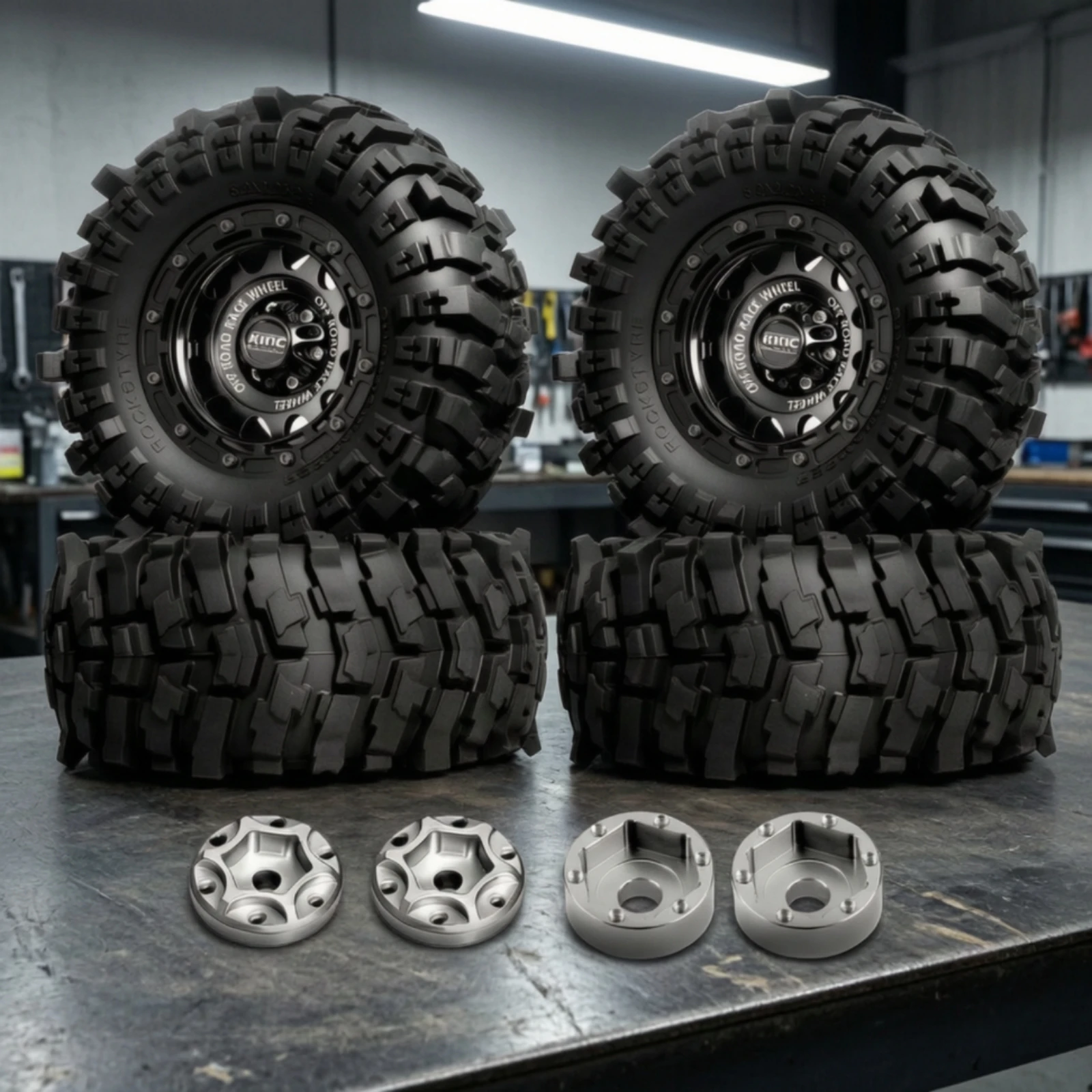 4 Pieces RC Crawler Wheel and Tire Assembly Deep Groove Pattern Wheel and Tire Set with Beadlock Rim Wheels High Traction