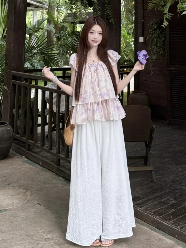 

Sweet Casual Summer New Design Big Size Women's Fashion Set Floral Short Sleeve Top High Waist Wide Leg Pants Korean Style