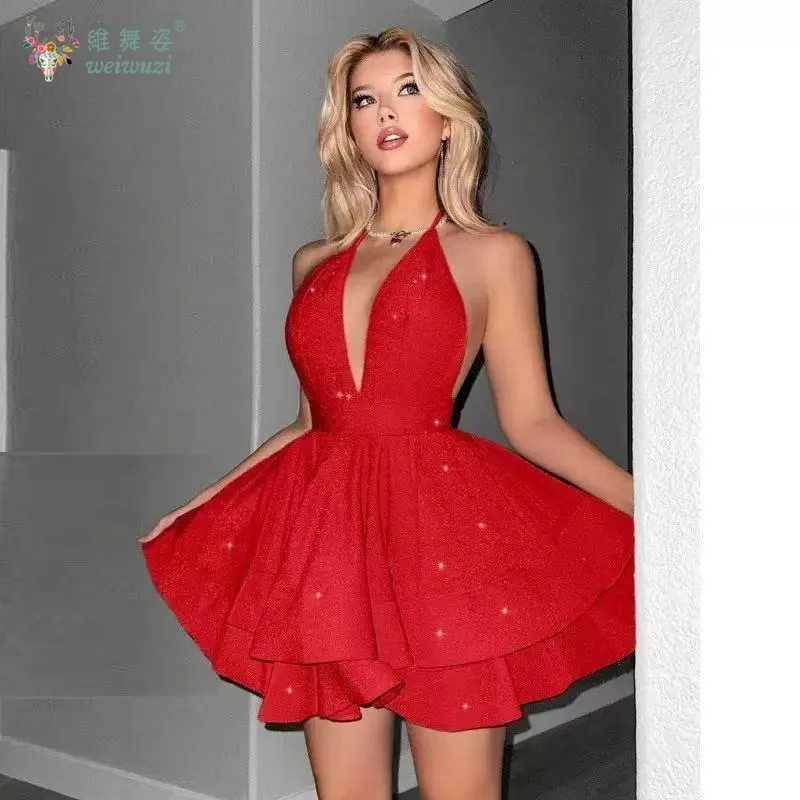 فستان سهرة نسائي من القماش المتلألئ بلون سادة ورقبة على شكل حرف V عميقة فستان سهرة مثير بدون ظهر بقصة ضيقة وخصر عالي