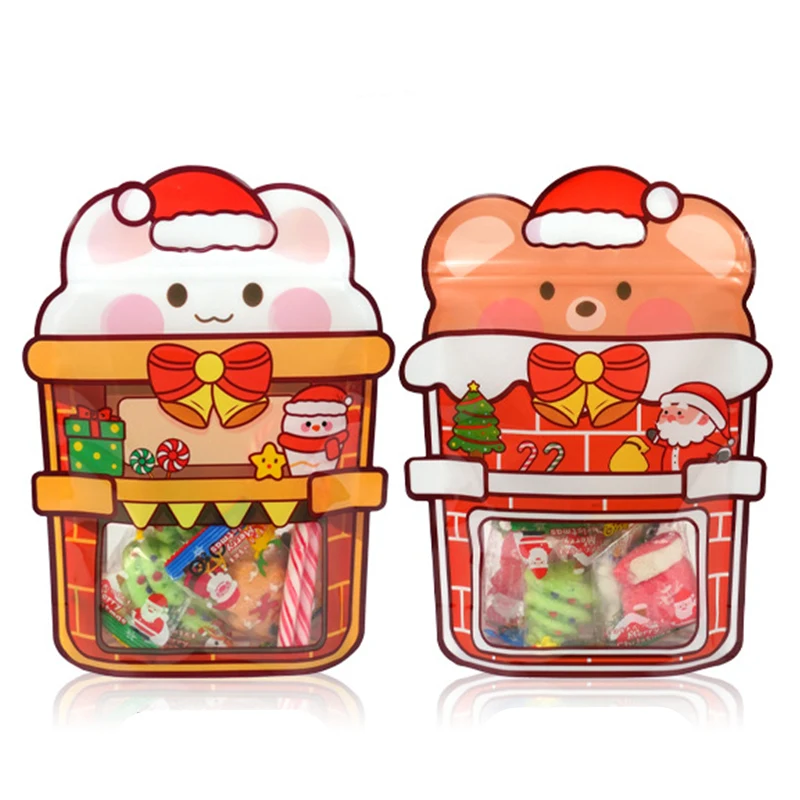 Cartoon Christmas Stand Up Candy Bags Clear Window Zip Lock Gift Plastic Bag For Biscuits Gifts Package Kids Xmas Party Supplies