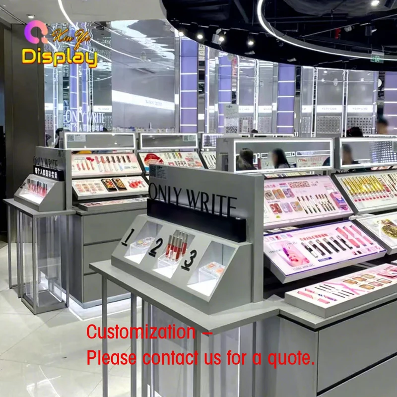 custom.Luxury Custom Stainless Steel XINYI Makeup Kiosk Multi-Layer Cosmetic Display Rack Beauty Shopping Mal