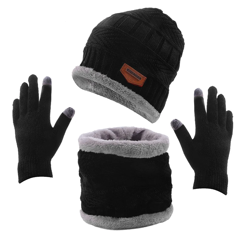 Winter Knit Beanie Hat with Scarves And Touch Screen Gloves for Men Women Windproof Warm Fleece Cap Cycling Equipment