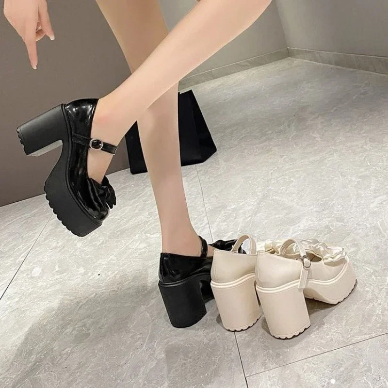 Fashion New Solid Color Bowknot Popular Thick Heels Buckle Round Toe Buty na wysokim obcasie dla kobiet buty Mary Jane buty na platformie