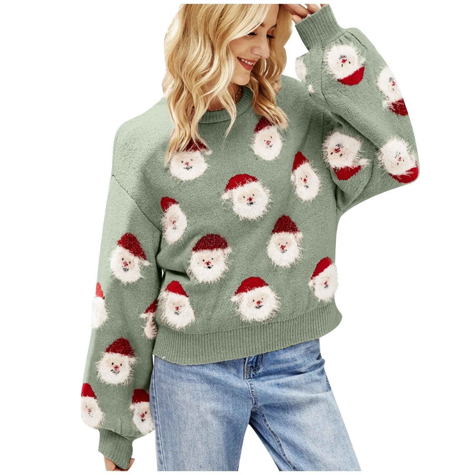 Womens Knitted Long Sleeve Sweater Vantage New Year Tops Female Pullover Ugly Knitted Christmas Santa Claus Sweater