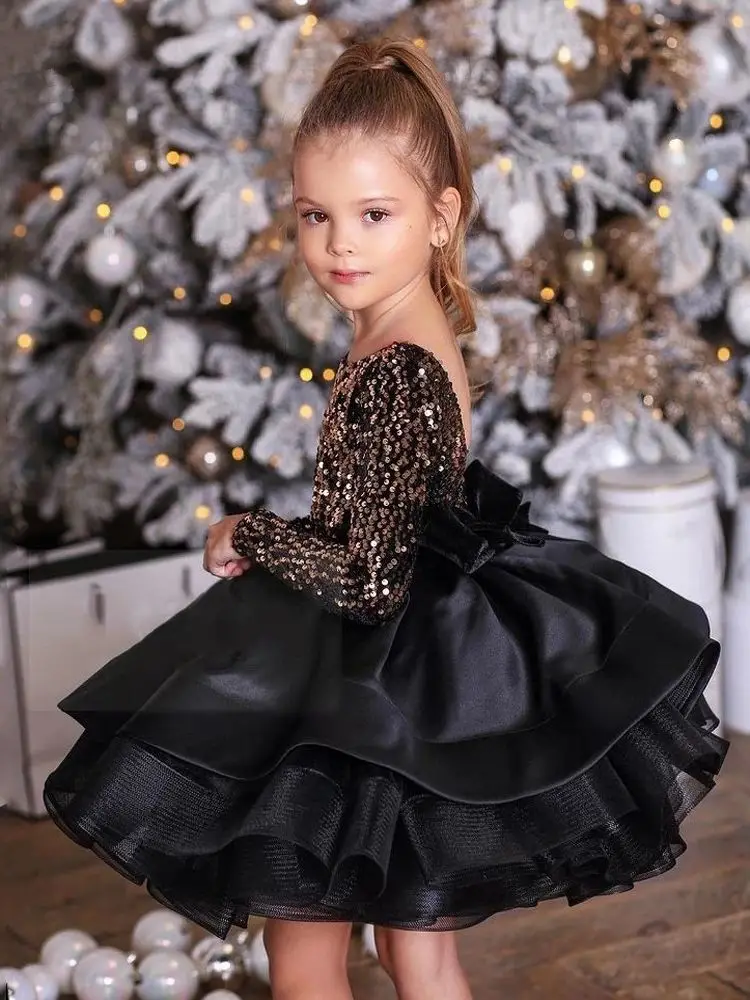 

Black Flower Girl Dress Sparkle Sequins Knee Length Bow Long Sleeve Pageant Gown Child Birthday Wedding Holy Communion Dresses