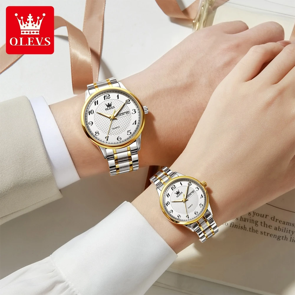 OLEVS Original Couple Watches Date and Day,Ladies And Men Watches with Silver Gold Stainless Steel,Small Wrist Watch 5667