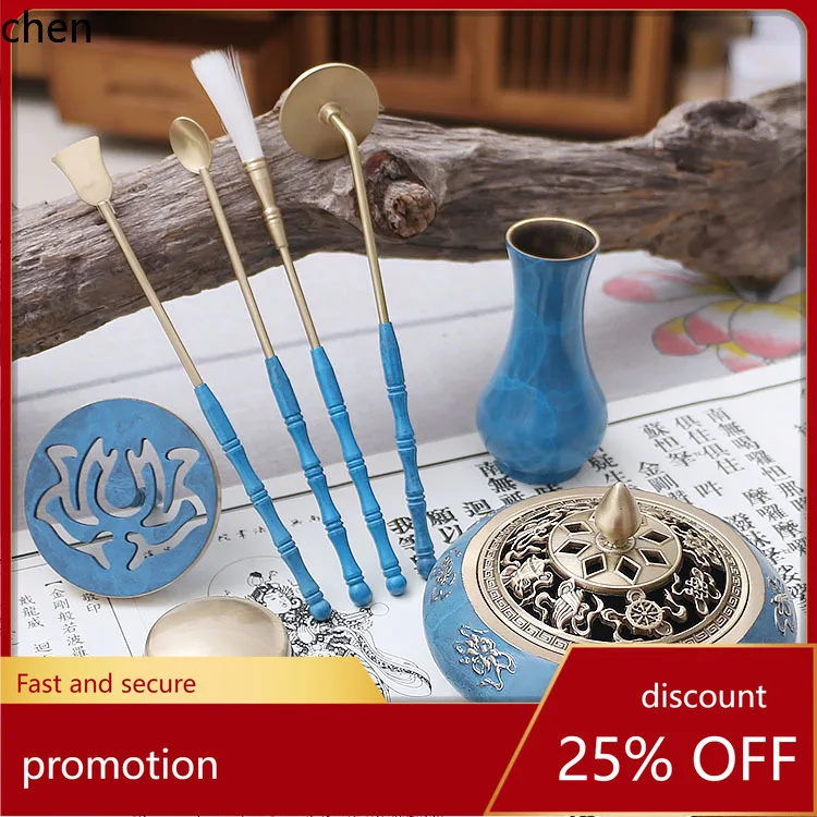 Cz burnt blue tools complete set copper burner incense ash incense spoon zen lotus incense seal tools