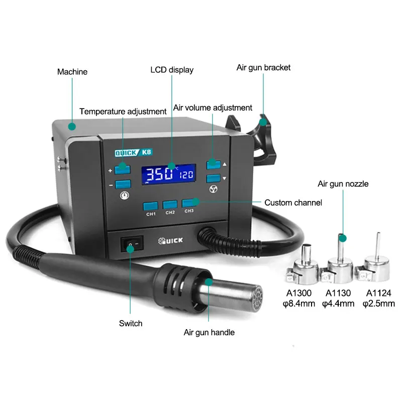 QUICK K8 1000W Smart hot air desoldering station， Can be widely used in various chip-level repairs, PCB manufacturing