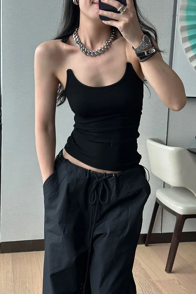 

Women Ribbed Invisible Strap Tank Top Camis Tee Y2k Crop Sling Korean Fashion Zipper Slim Fit Sexy Spicy Girl Outfit Corset Top