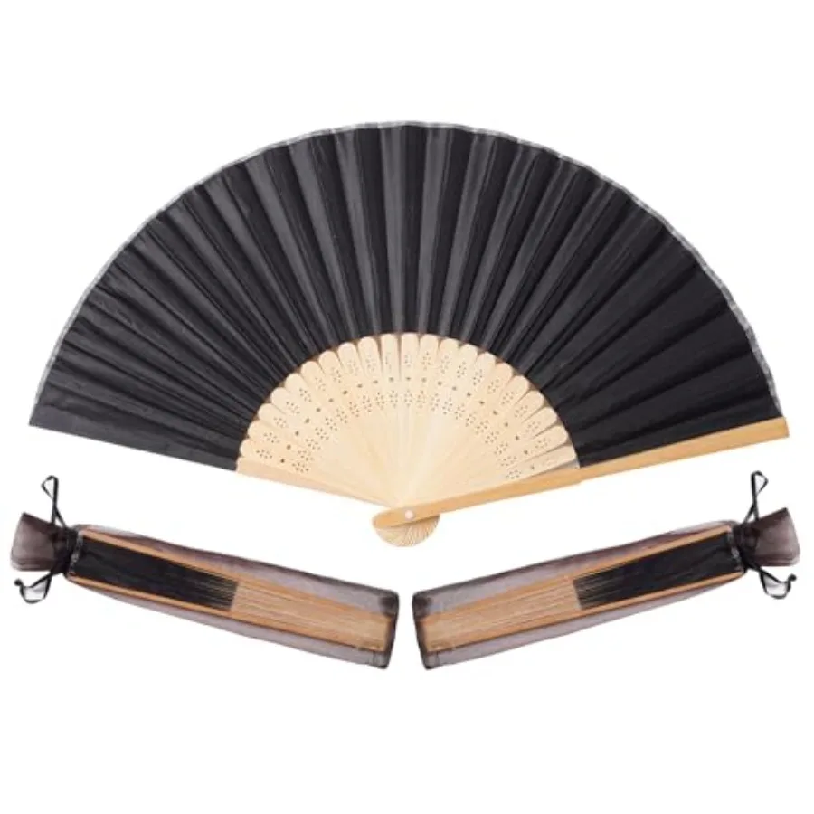 

Sepwedd 50pcs Black Imitated Silk Fabric Bamboo Folded Hand Fan Bridal Dancing Props Church Wedding Party Favors with Organza B