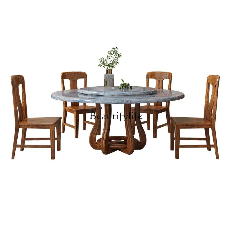 

ls 18European marble round table, all solid wood dining table and chair combination, new Chinese style with turntable