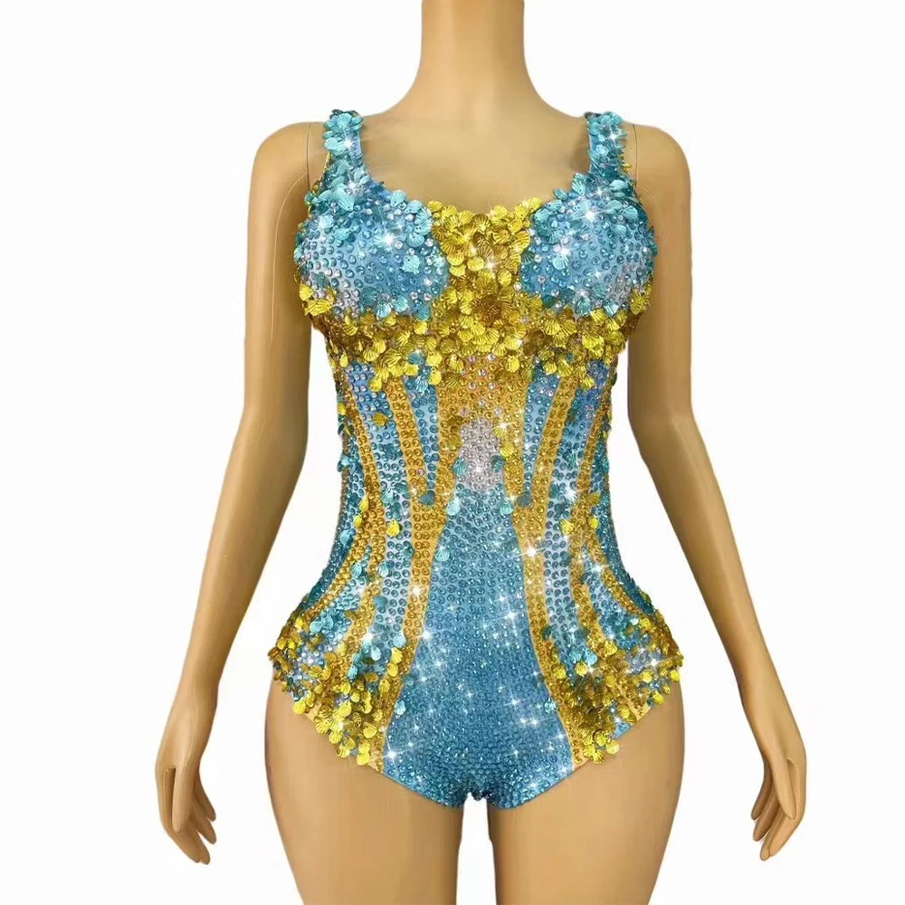 Sexy Luxury Colorful Rhinestones Sequins Shell Sleeveless Leotard Stretchy Outfit Birthday Dance Party Photoshoot Bodysuit