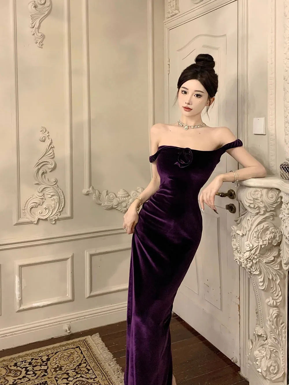 Elegant Purple Evening Dress Women's Light Luxury Fold Flower Square Collar Off The Shoulder Slim Fit Mermaid Hem Prom Gown