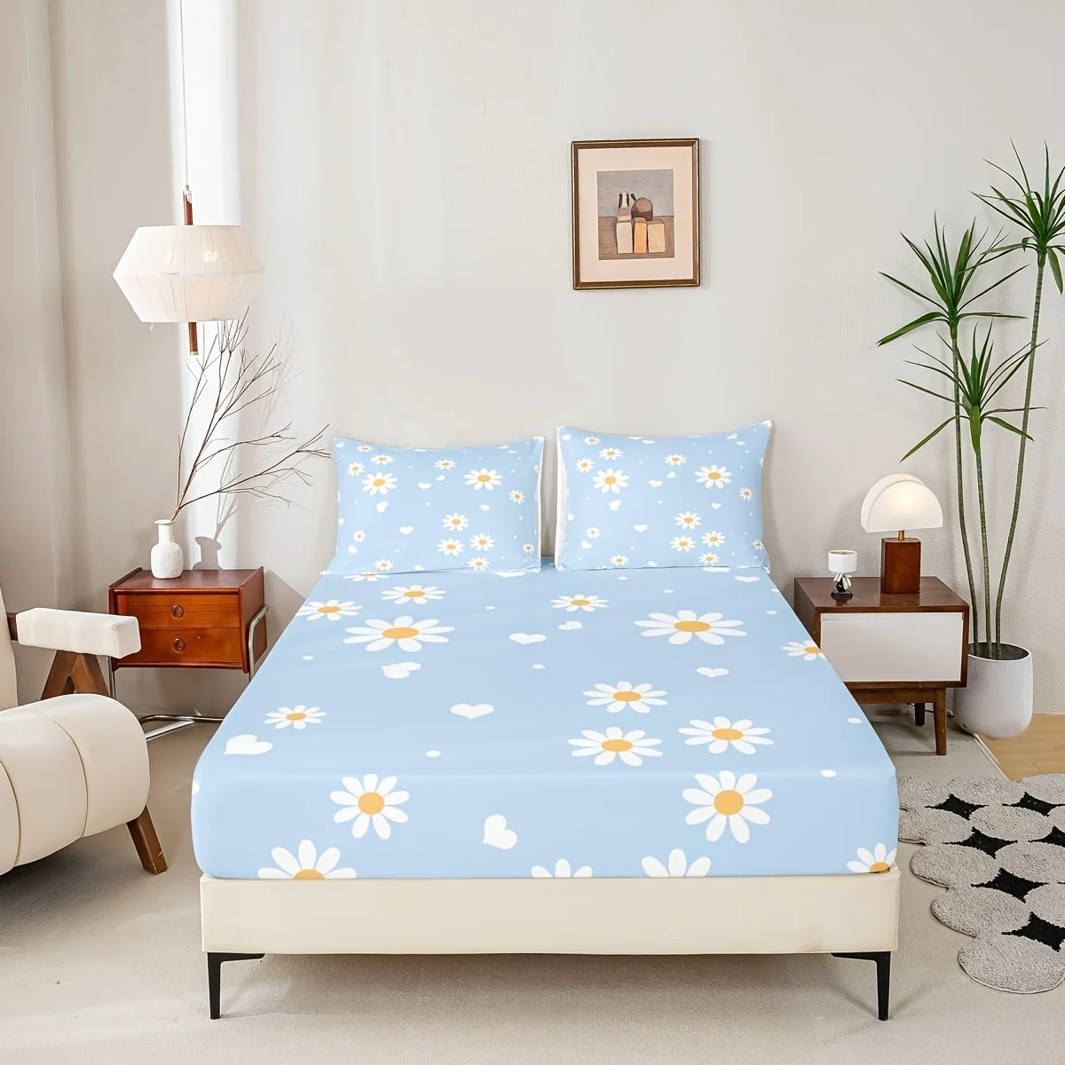 Fresh and Elegant Three-Piece Fitted Sheet Set, 2D Digital Printed Three-Piece Bedding Set (Includes 1 Fitted Sheet + 2 Pillowcases), 3-Piece Set, 2D Flat Print Fitted Sheet, Tropical Dolphin Rainbow Theme Bedding, Floral Palm Tree Print, Resort Poolside Fitted Sheet Style, Machine Washable Design, Holiday Decoration, Various Sizes, Breathable Protective Cover, Mattress Protector, Pillowcase Included