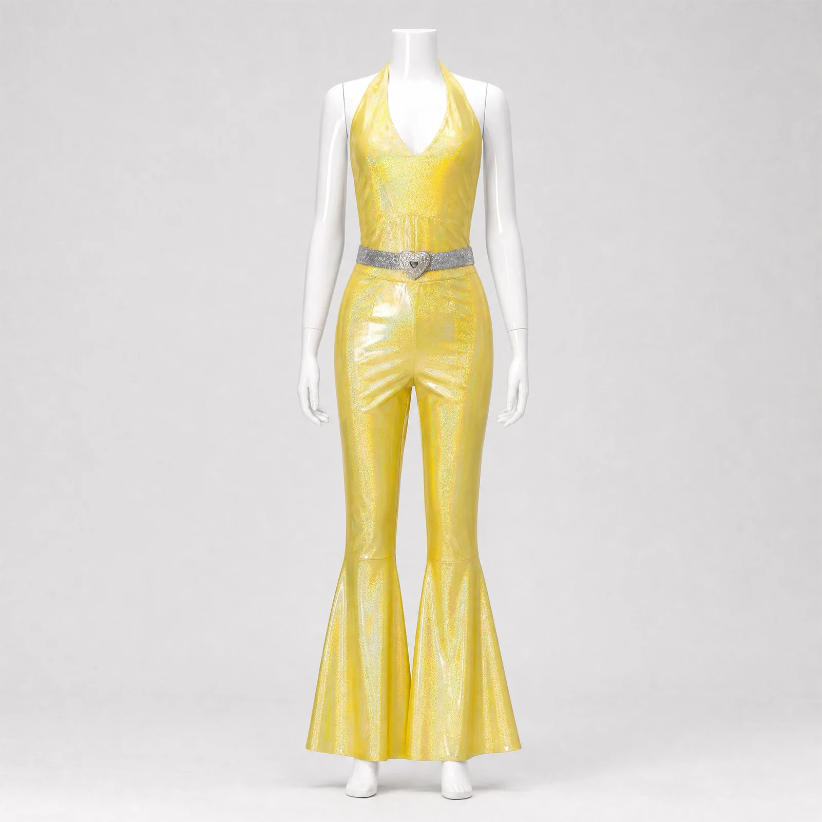 Funkelnder Metallic-Discobodysuit für Damen, ärmellos, mit V-Ausschnitt, rückenfrei, Schlaghose, 70er-Jahre-Nachtclub-Bühnen-Cosplay-Outfit – Detail 15