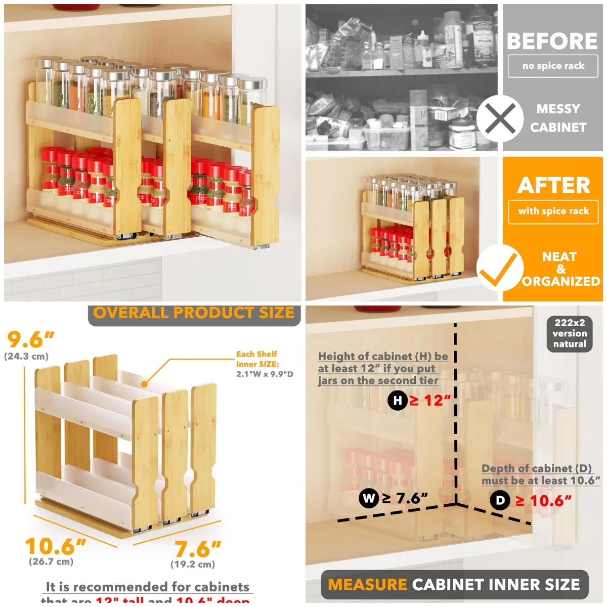 

Bamboo Pull-Out Spice Rack, 7.6' Wide, 3-Drawer Slide-Out Kitchen Organizer, Natural