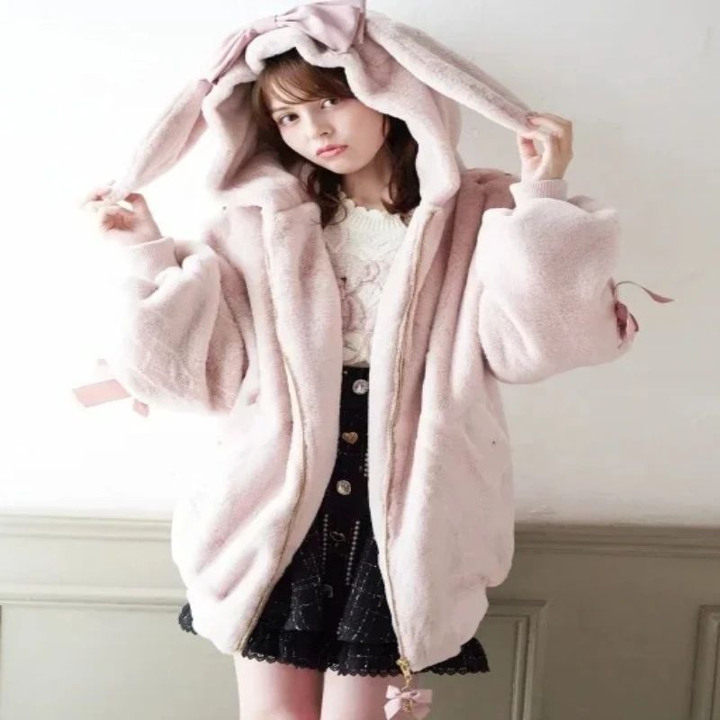 2026 New Japanese‑Style Cute Plush Zipper Coat, Rabbit‑Ear Bow Strap Decor Fuzzy Outerwear for Young Women Daily Street Dress‑up