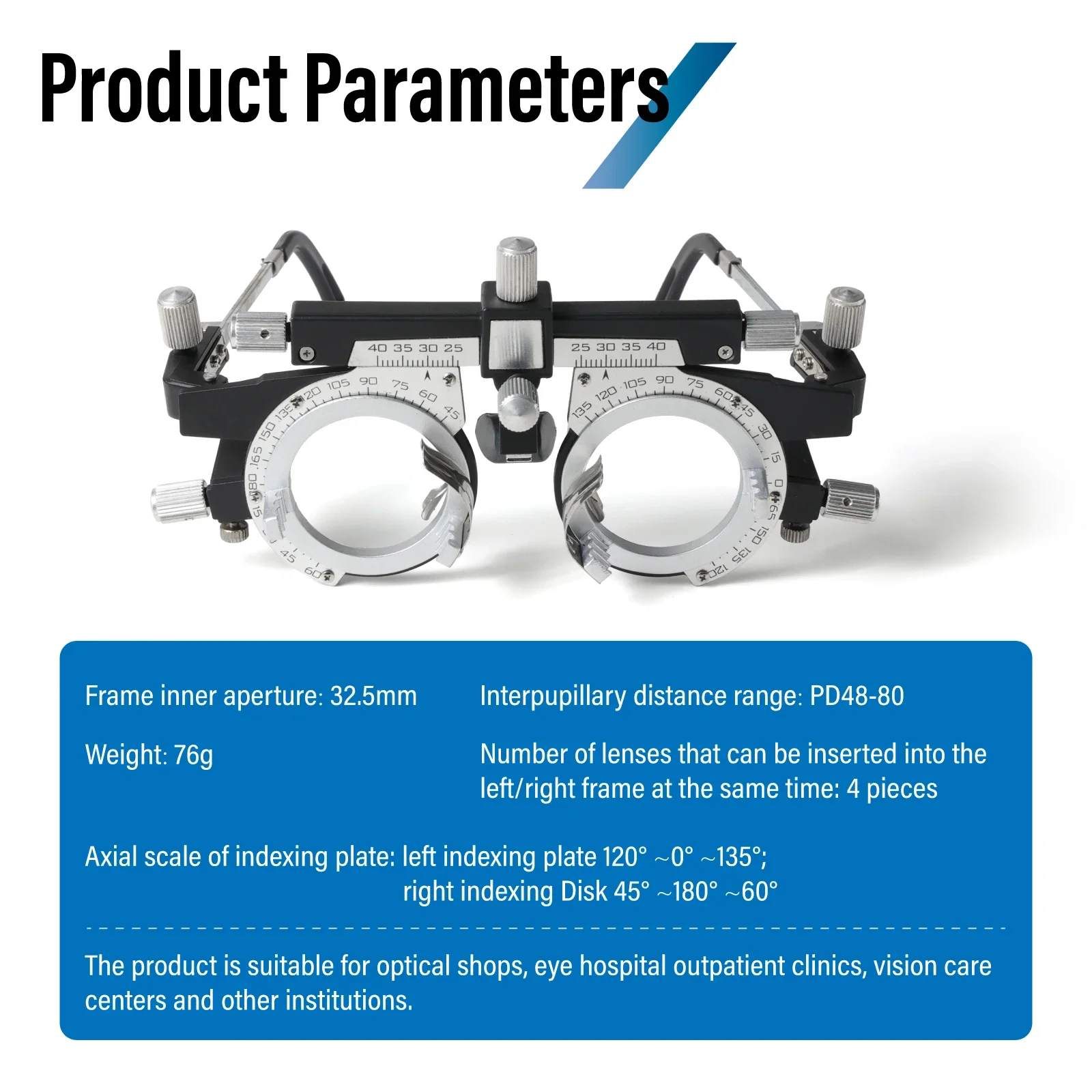 Professioneller Optometrie-Testrahmen aus Metall, verstellbar, PD 48 mm ~ 80 mm, für Brillen – Detail 6