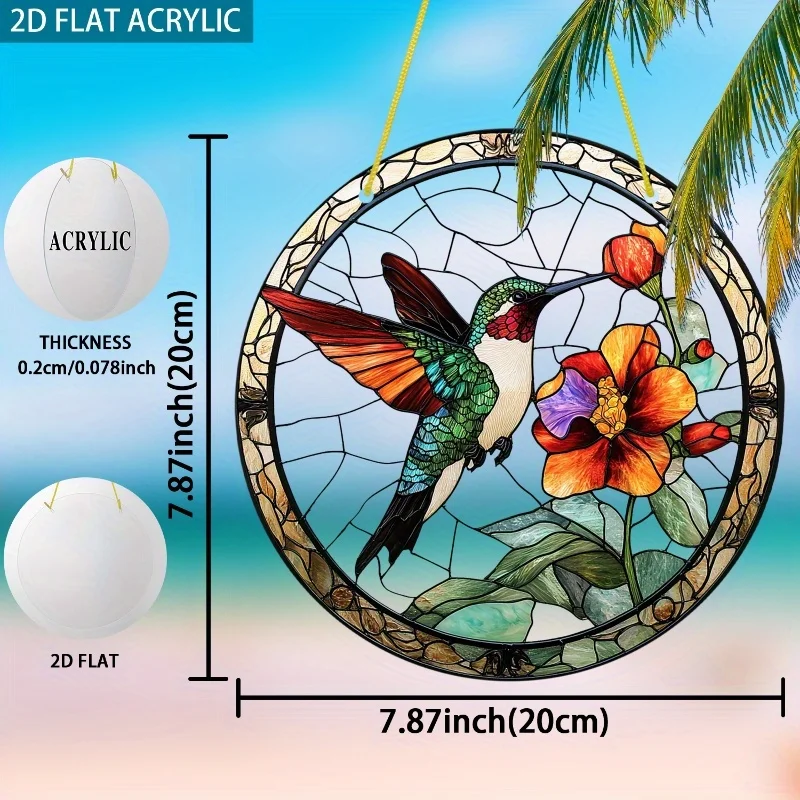 Acrylic Painting Stained Glass Style Hummingbird with Orange Flower Plastic Window Hanging Suncatcher, 2D Flat Acrylic Panel Wal