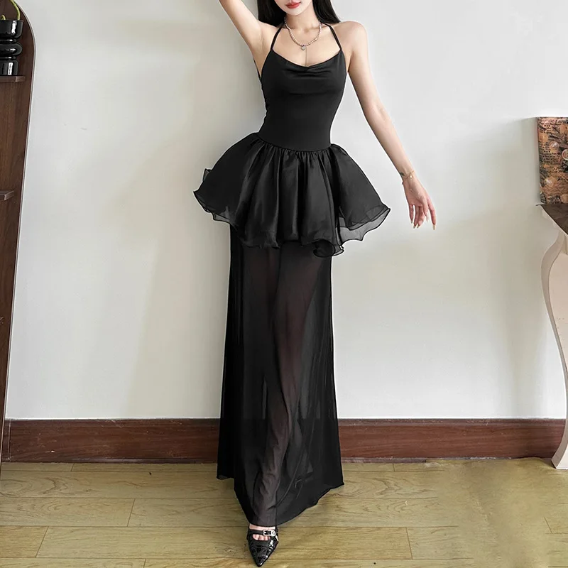 

Summer New European and American Style Halter Neck Sleeveless Long Versatile Black Dress Women