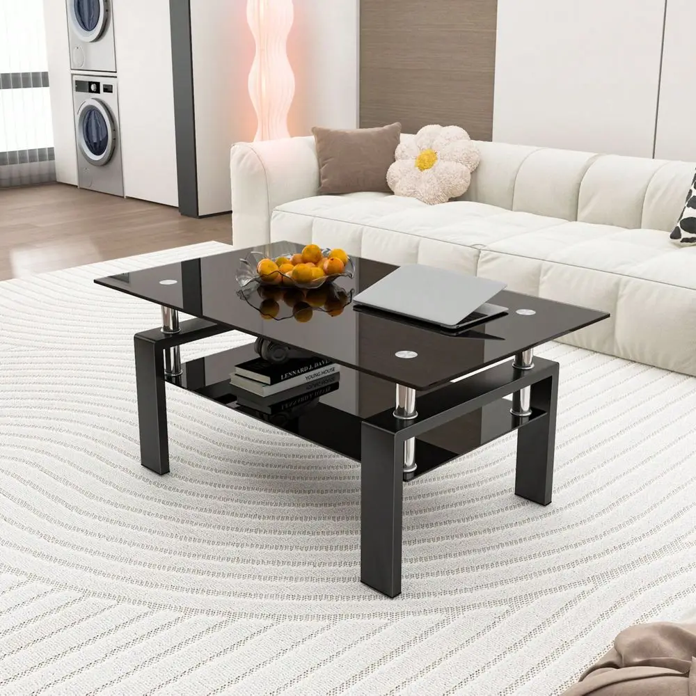 Black Glass Coffee Table, Black Legs Modern Home Furniture Side Center Tables For Living Room