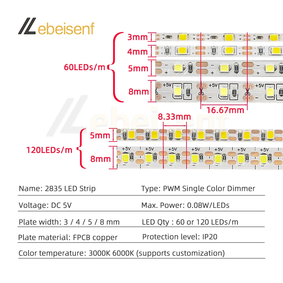 5M 2835 światło taśma LED SMD 60 120 diod/M DC 5V niskonapięciowe elastyczne 4 5 8 mm szerokości FPCB lampa na barek 3000K ciepłe 6000K białe