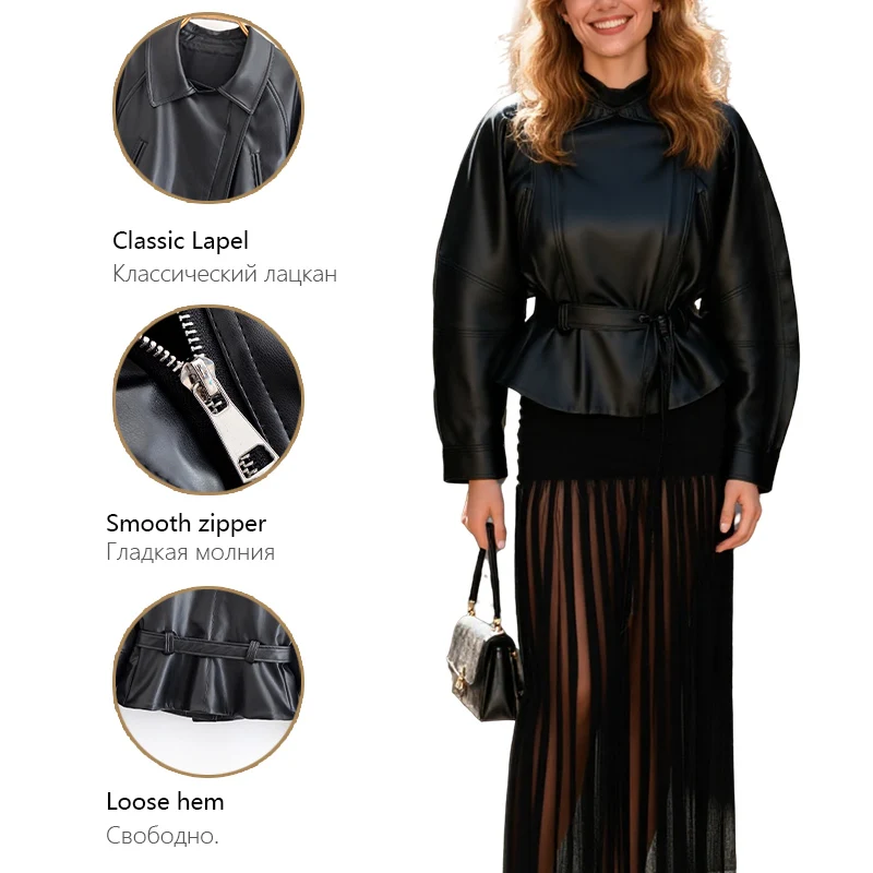 Women's Jacket 2025 New Fashion Autumn Black Long Sleeve Belt Faux Leather Jacket Motorcycle Style Personality Ladies Jacket