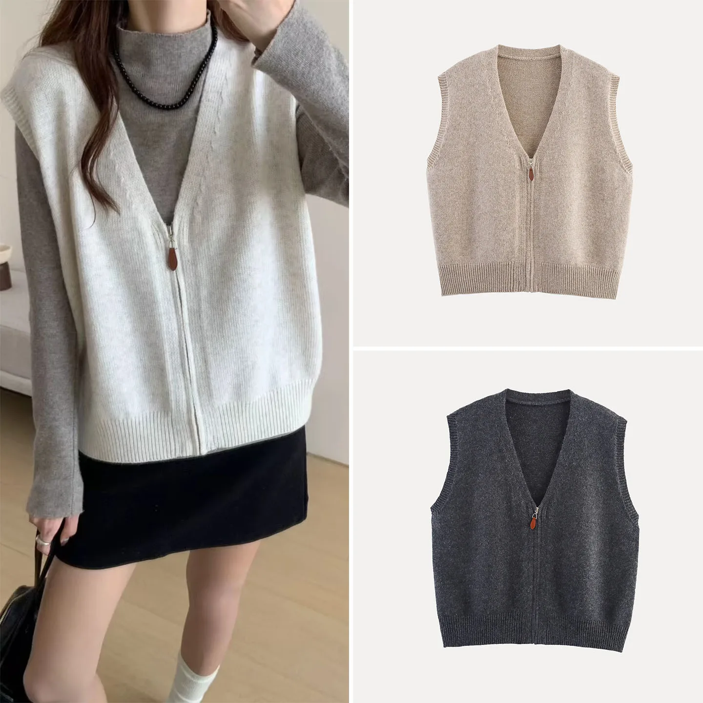 سترة نسائية عصرية بياقة على شكل V وسحاب أمامي، تصميم جديد لخريف هذا العام من Z، نمط عملي، مصنوعة من مواد أخرى 00% #3