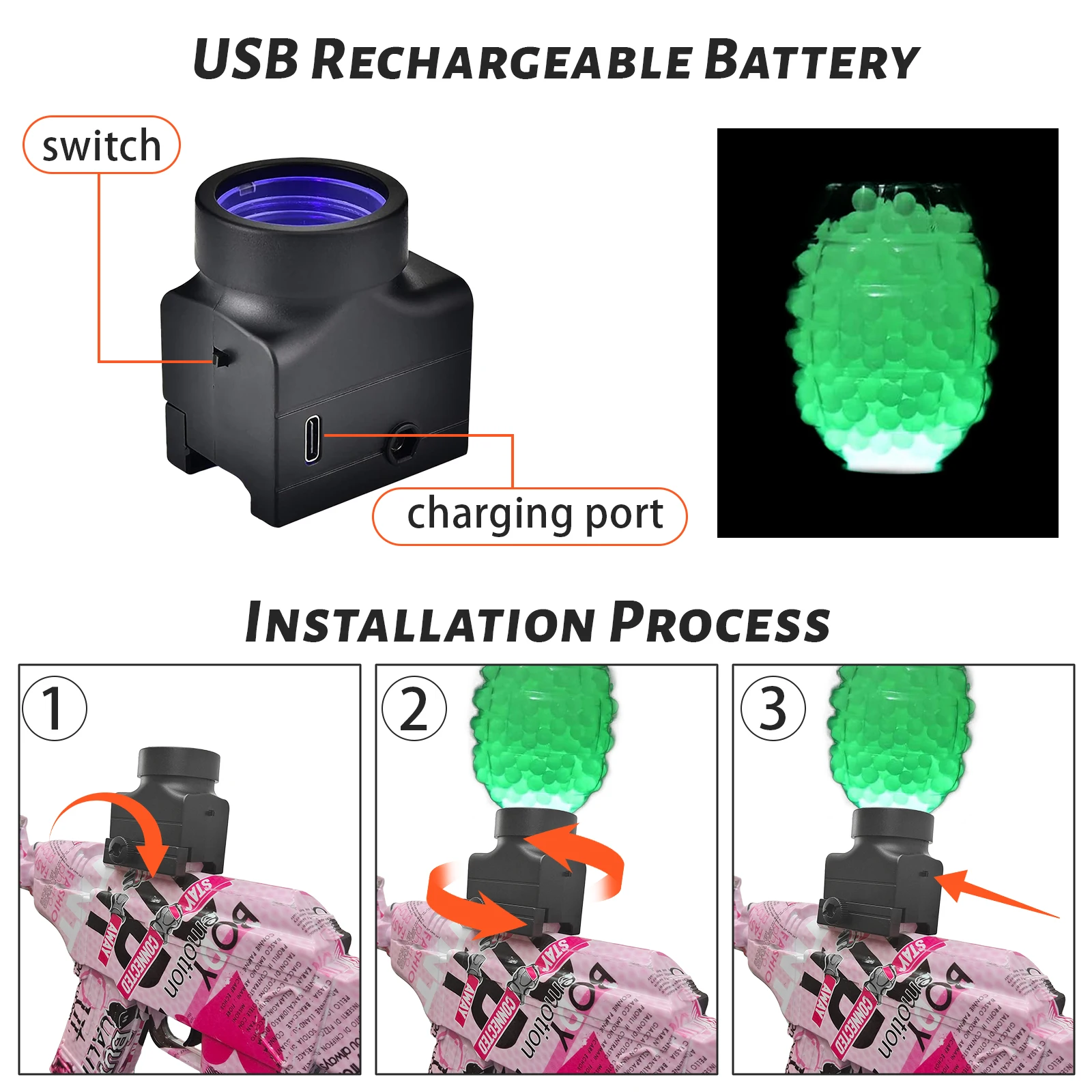 Accesorios para pistola de Gel con 1 botella que brilla en la oscuridad, pistola Splat, munición para recarga de Gel Blaster AK 416