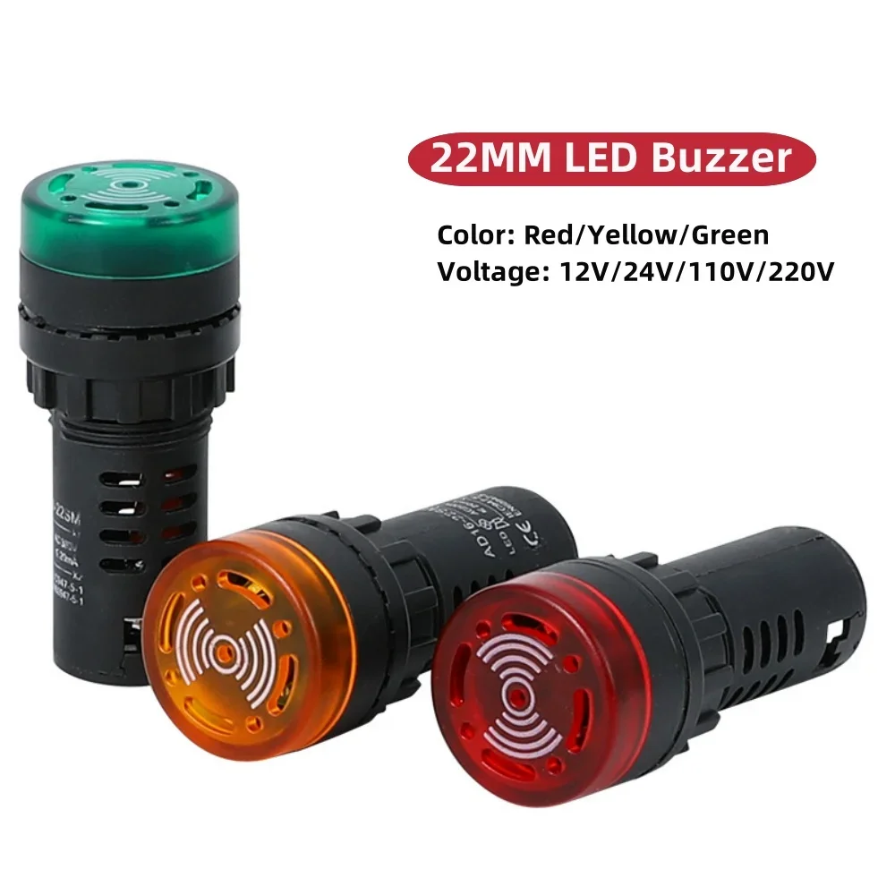 22mm Panel Diameter AD16-22SM AC DC 12V 24V 110V 220V Flash Signal Light Red LED Active Buzzer Beep Alarm Indicator Green Yellow image 2